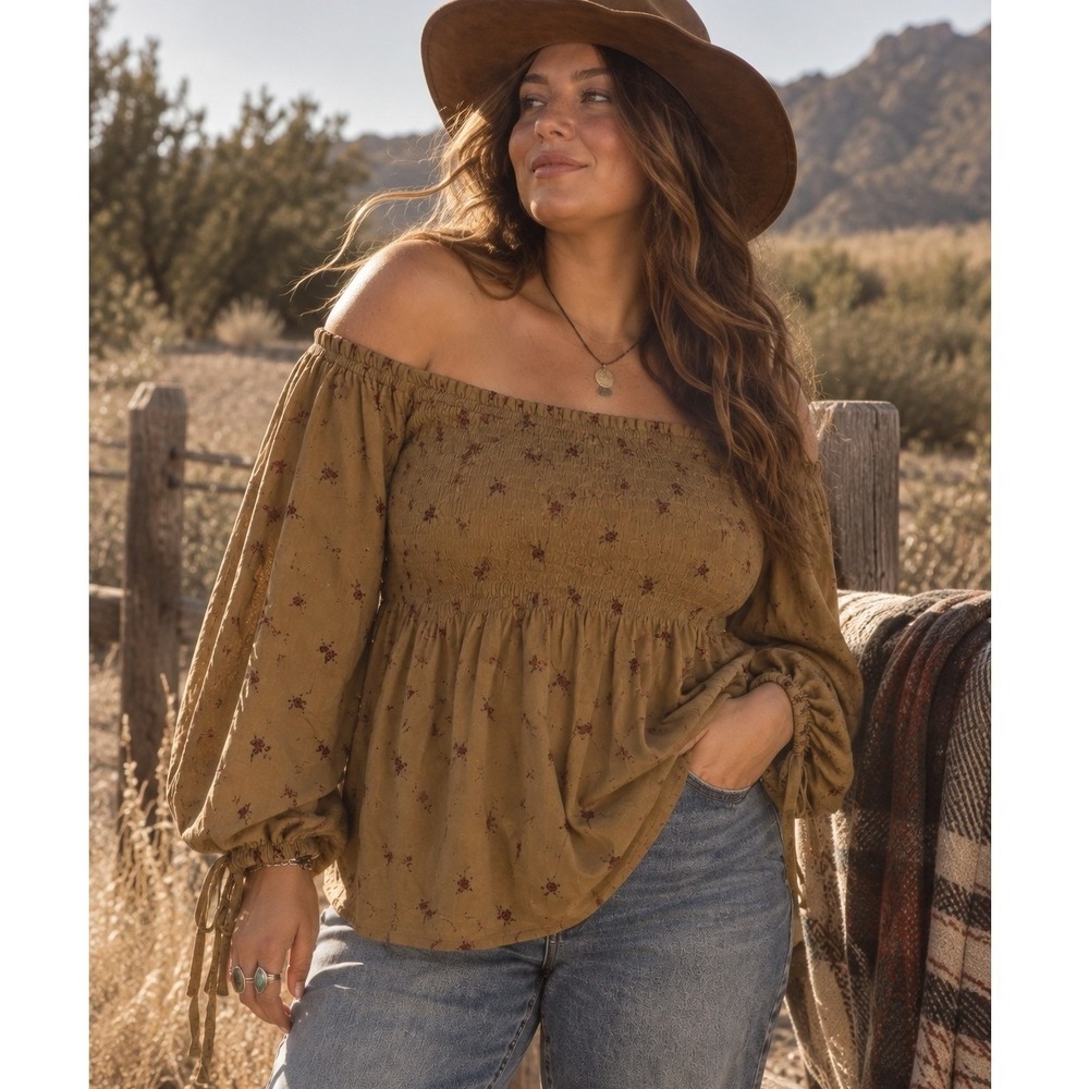 Smocked Off The Shoulder Top Blouse Womens 2X Brown Floral Cotton Cottagecore